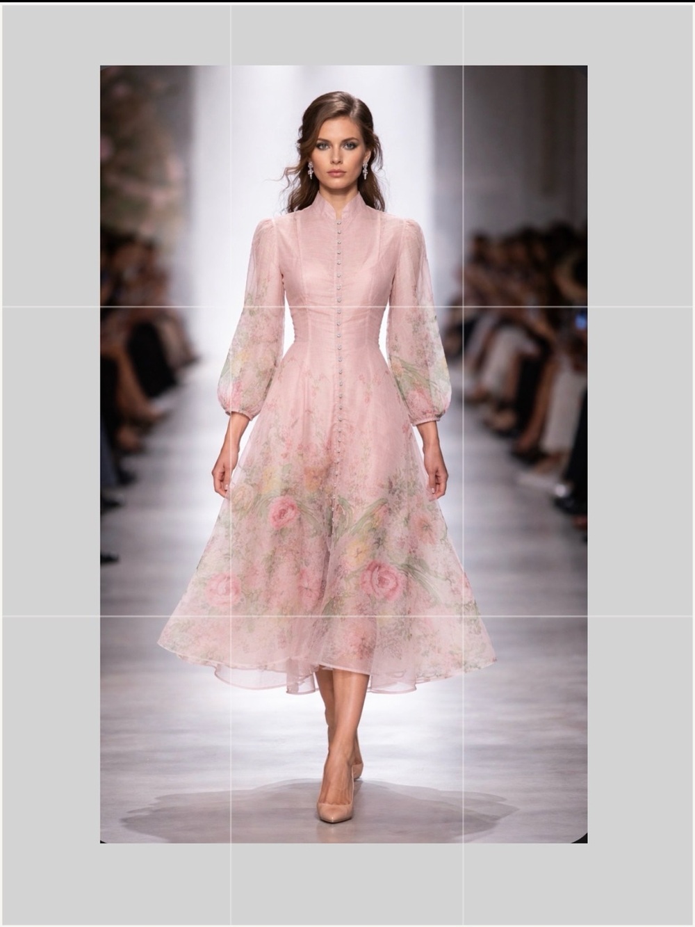 Pink Floral Sheer Midi Dress with Embellished Buttons